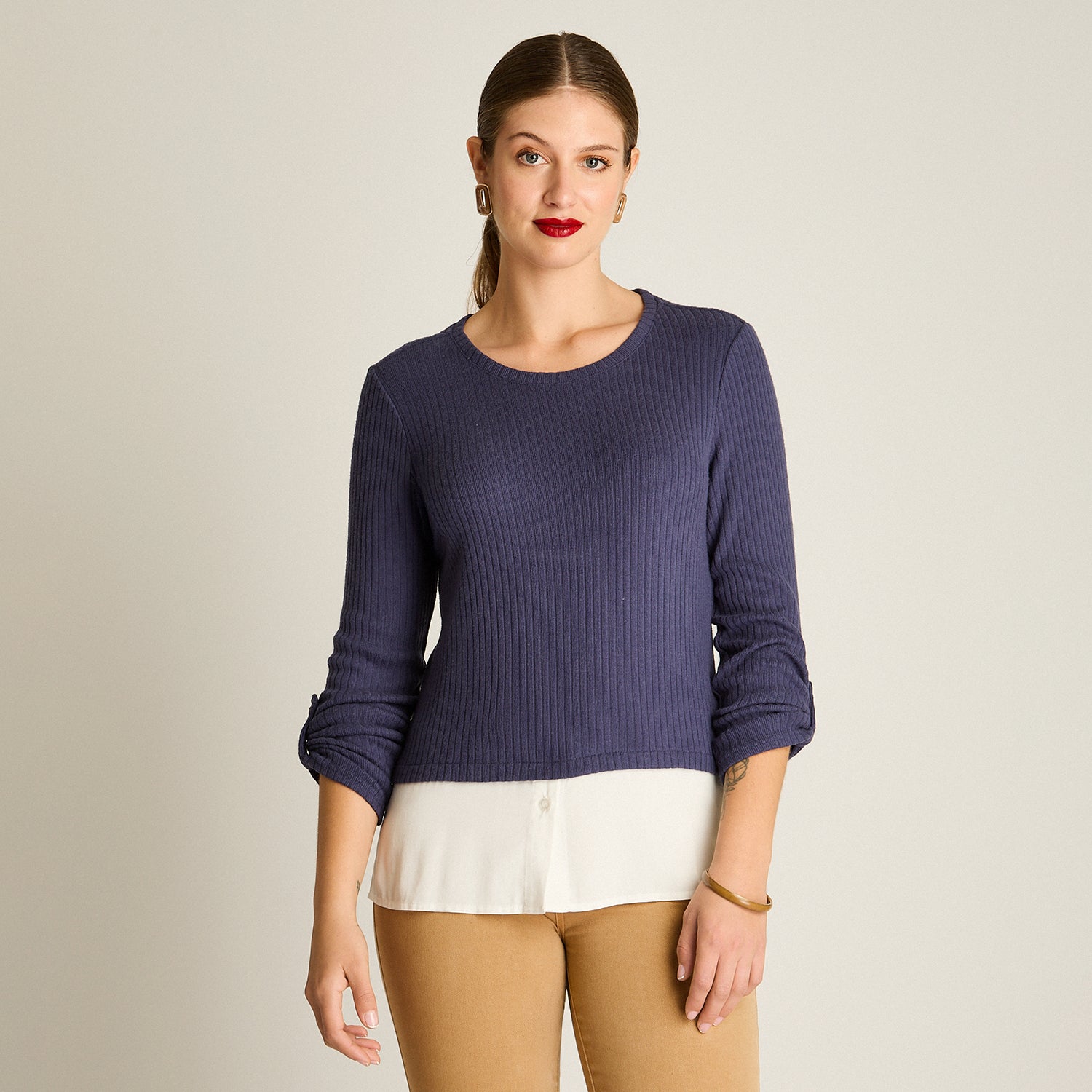 Polera Azul Manga Larga Elasticidad Media Sin Forro Calce Normal Tela Punto Y Plano